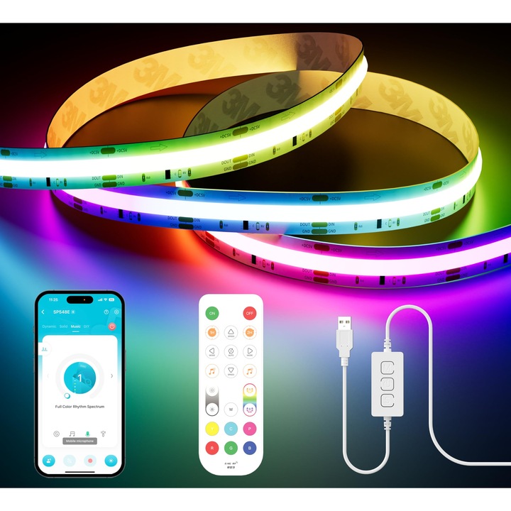 Pautix USB RGB Smart IC COB LED szalag 3M 5V, 1800 LED, címezhető pixelek, RGB színváltó, Alexa/Google Assistant kompatibilis, RF távirányító TV-hez, DIY dekoráció karácsonyi partira