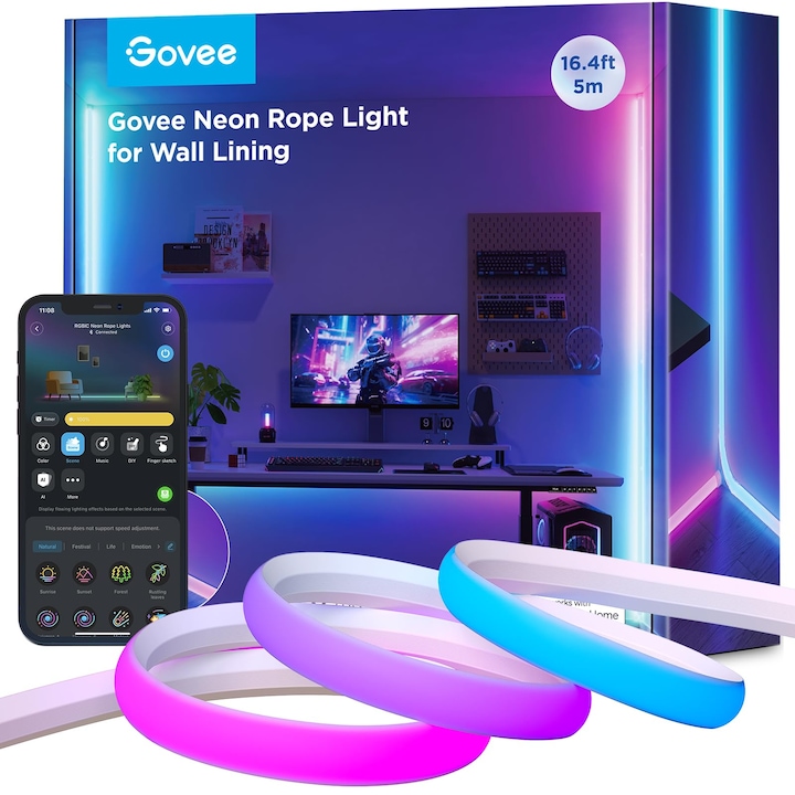 Govee LED Neon Szalag Lámpa Szegélyléchez, 5 M RGBIC LED Szalag Fali Vonalakhoz és Sarkokhoz, Matter Kompatibilis, Zene Szinkronizálás, Vágható, Neon Fény Dekoráció Nappaliba, Folyosóra, Hálószobába