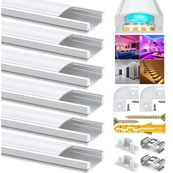 Алуминиев профил U за LED ленти, 6х1м, млечнобял дифузер, комплект от 6 канала