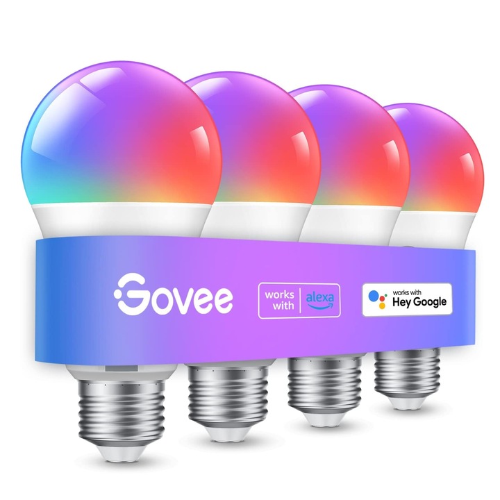 Bec Inteligent Govee E27, Wifi Szabályozható RGBWW Lámpa 16 Millió Színnel, Okosotthon LED Lámpa Zene Szinkronizálással, 54 Jelenet, Időzítő, 800Lm LED Izzó Kompatibilis Alexa Google Assistant-tel, 4 Darabos Csomag