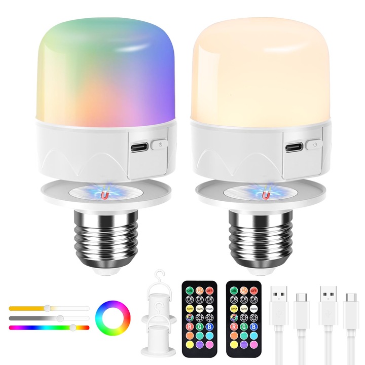 Акумулаторна крушка Birnetek USB-C с батерия, пакет от 2 броя, акумулаторна крушка E27 с дистанционно управление, LED крушка с регулируема батерия с бутон и функция за таймер, аварийна светлина с кука