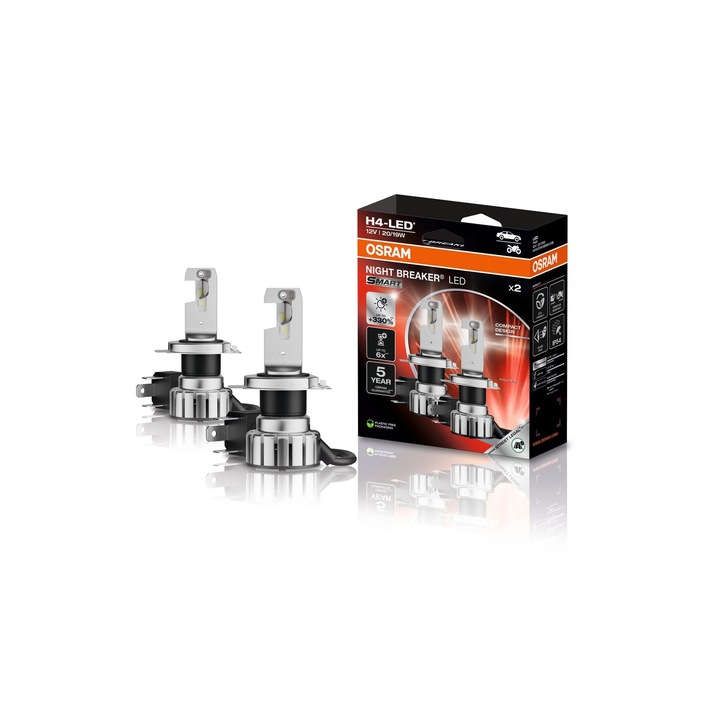 Osram Night Breaker Led Smart H4; Akár 330%-kal Nagyobb Fényerő; 6000K, 12V, LED Távolsági és Tompított Fény, Közúti Használatra Engedélyezett, Fehér