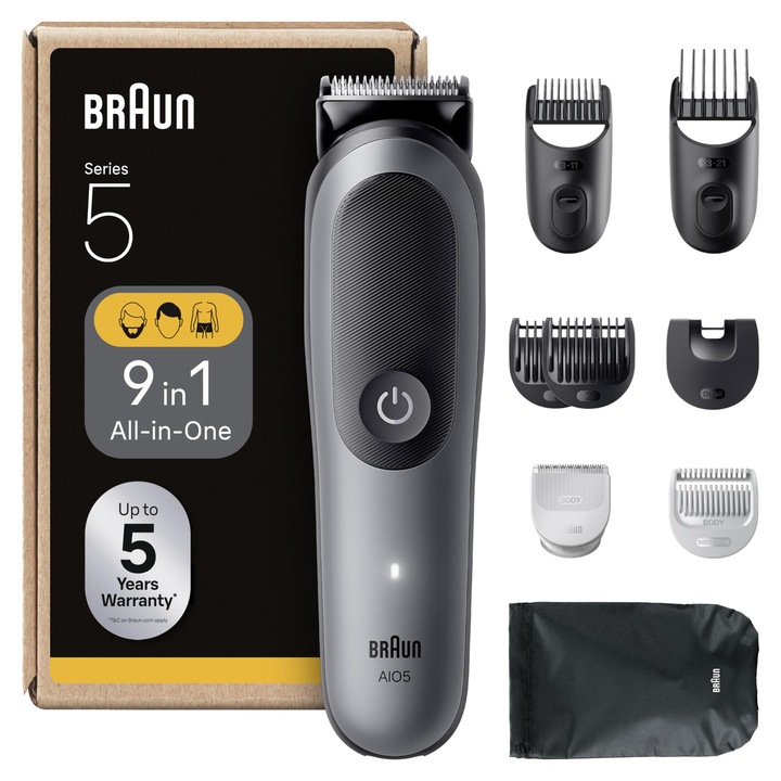Set de tuns Braun All-in-One 5, 9-in-1 Multigroom, tuns barba, tuns par, tuns pentru fata, cap si corp, baterie 120 min, 14 lungimi (0, 5-21 mm), rezistent la apa, AIO5545, gri