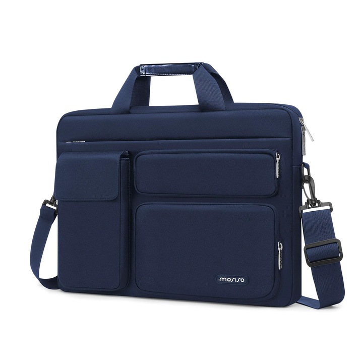 Geanta Laptop Mosiso 15.6 Inch, Geanta De Umar Pentru Laptop 15-15.6 Inch Compatibila Cu Macbook Pro 16 Inch, Hp, Dell, Lenovo, Geanta De Umar Cu 2 Clapete Ridicate Si 1 Clapa, 1 Husa, Maner Si Curea, Albastru Marin