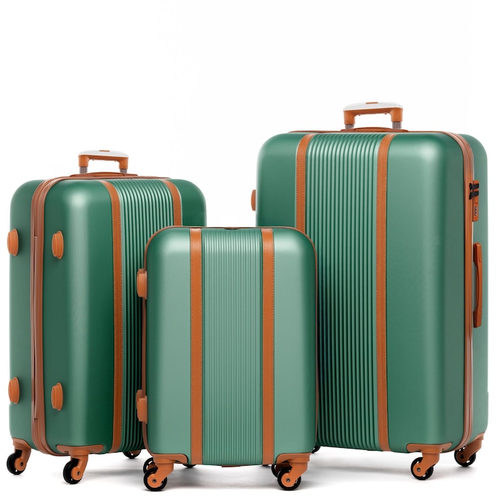 Fergé Milano 3 részes keményfedeles bőrönd szett, Trolley modell (kézipoggyász, L, XL), 3 részes keményfedeles bőrönd szett 4 kerékkel, 100% ABS, Zsályazöld