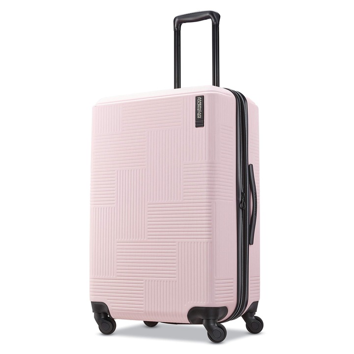 American Tourister Stratum Xlt bővíthető keményfedeles bőrönd, forgó kerekekkel, rózsaszín Petal, közepes kockás modell, 24 hüvelyk