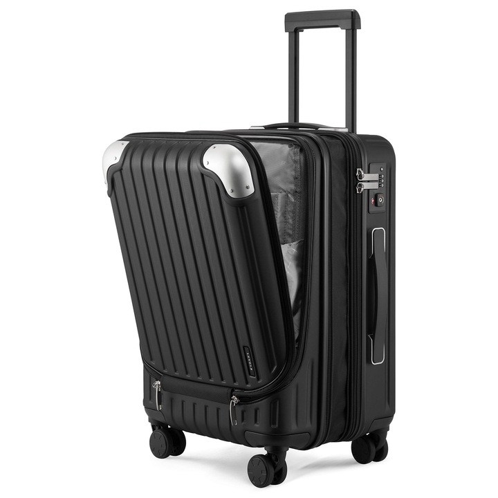 Level8 Bőrönd Trolley Kézipoggyász Könnyű ABS+PC Laptoprekesszel, Keményfedeles Bőrönd, Trolley, Utazóbőrönd, Bővíthető, TSA, 4 Kerék, 55 Cm, 36-42 Liter, Fekete