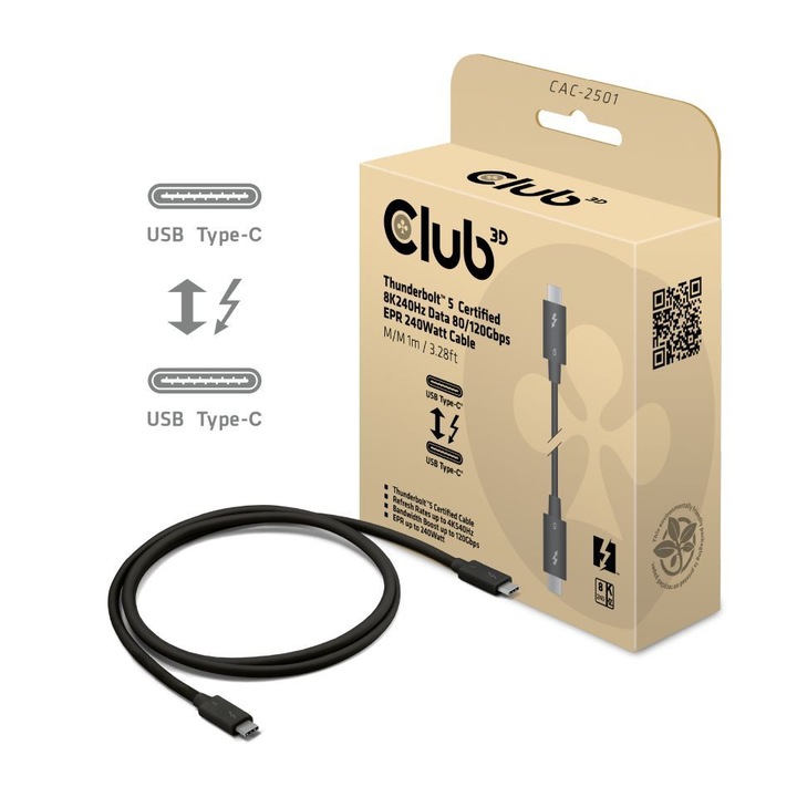Club3D Thunderbolt 5 8K240Hz USB-C kábel 1m fekete