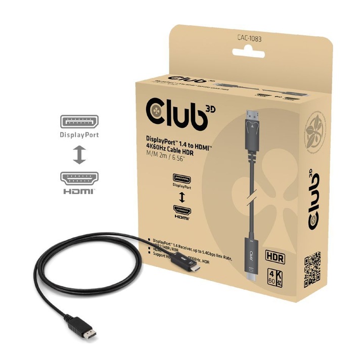 Club3D DisplayPort 1.4- HDMI 4K60Hz kábel, 2m, fekete