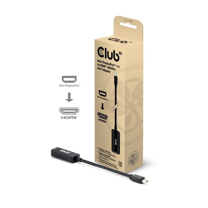 Club3D Mini DisplayPort 1.4 to HDMI 8K60Hz Adapter Fekete, 282023