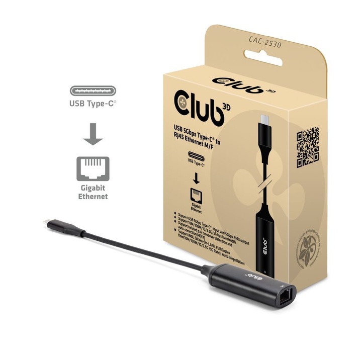 Placa de retea Club3D USB-C la RJ45 Ethernet, 5Gbps, negru, 1xLAN