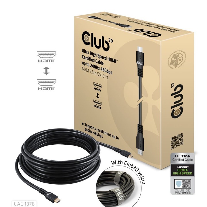 Club3D HDMI kábel, 7, 5m, fekete, Ultra High Speed, 240Hz, 48Gbps