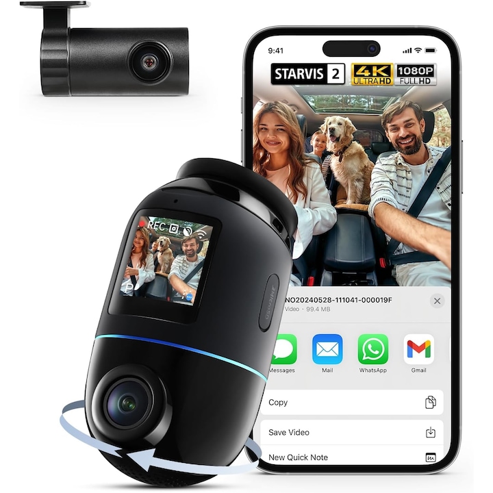 70Mai 4K Omni Autós Kamera, 4K+1080P, 360 Fokos Elöl és Hátul, Dual Starvis 2 HDR-rel, 4G LTE, AI Mozgásérzékelés, Éjjellátó, GPS 5Ghz Wifi 6, 24H Parkolási Mód, Alkalmazásvezérlés, 128Gb SD Kártya