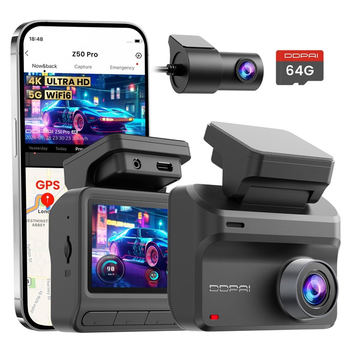 DDPAI Z50 Pro autós kamera, éjjellátó, első, hátsó, 4K+1080P, 3" IPS kijelző, 64GB kártya, 4G LTE támogatás, GPS