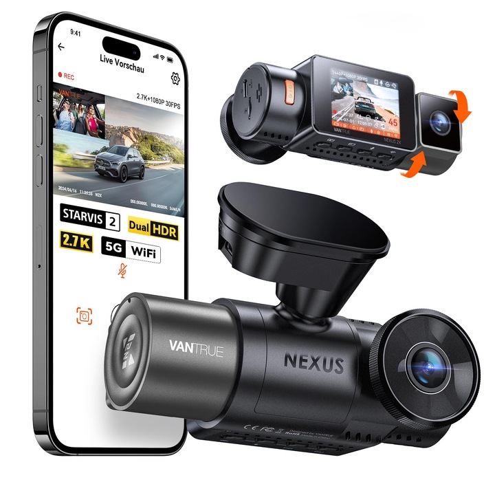Vantrue N2X Autós Kamera 2.7K+1080P Elülső és Belső Nézettel, Starvis 2 Kettős HDR Éjjellátóval, 2.5K/60Fps Elöl, GPS, 5Ghz Wifi, Hang- és Alkalmazásvezérlés, 2″ 323°-os Autós Kamera, 24/7 Parkolási Mód, G-Szenzor, Max. 1Tb