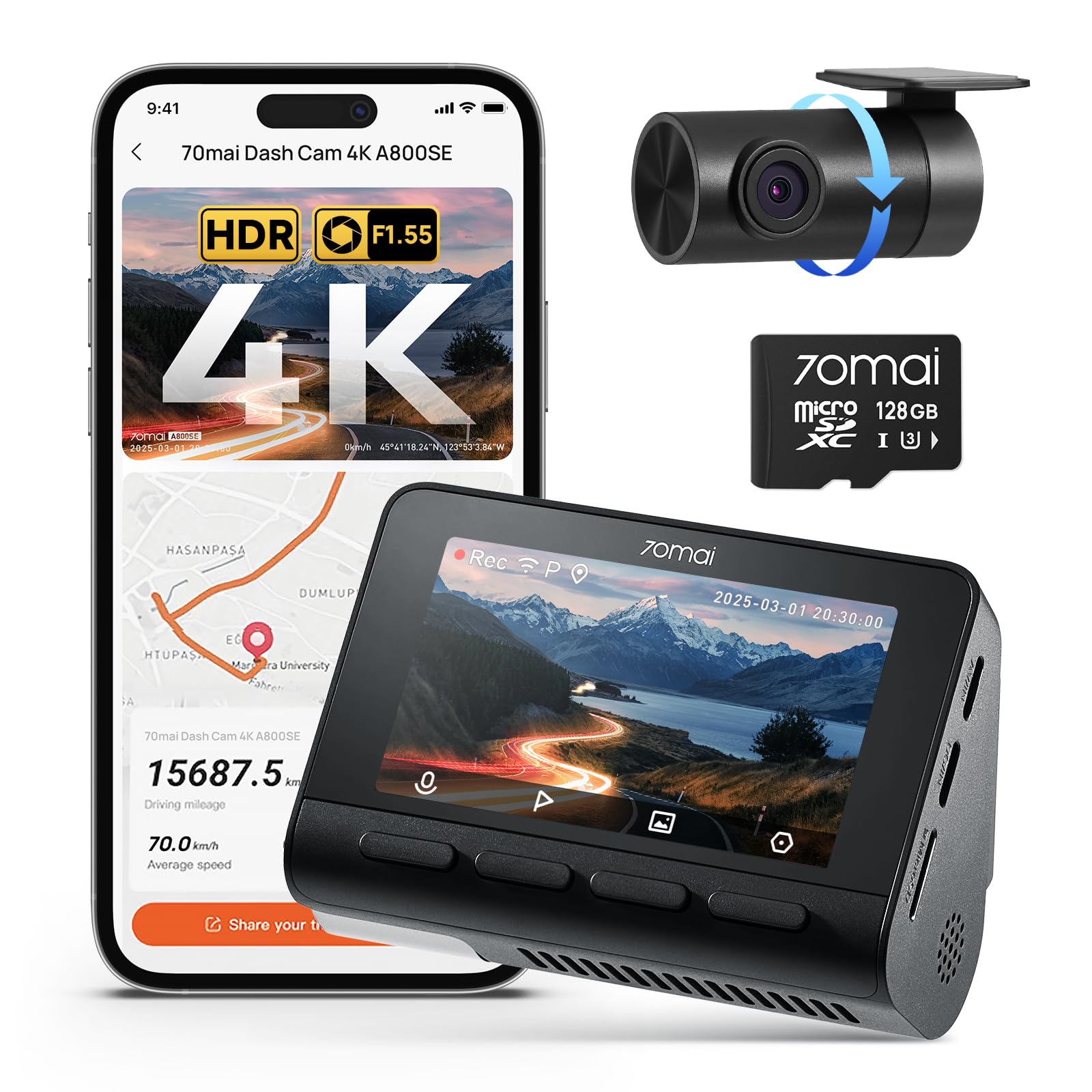 70Mai A800Se Camera Auto Fata-Spate 4K 2160P+1080P Cu Gps Wifi