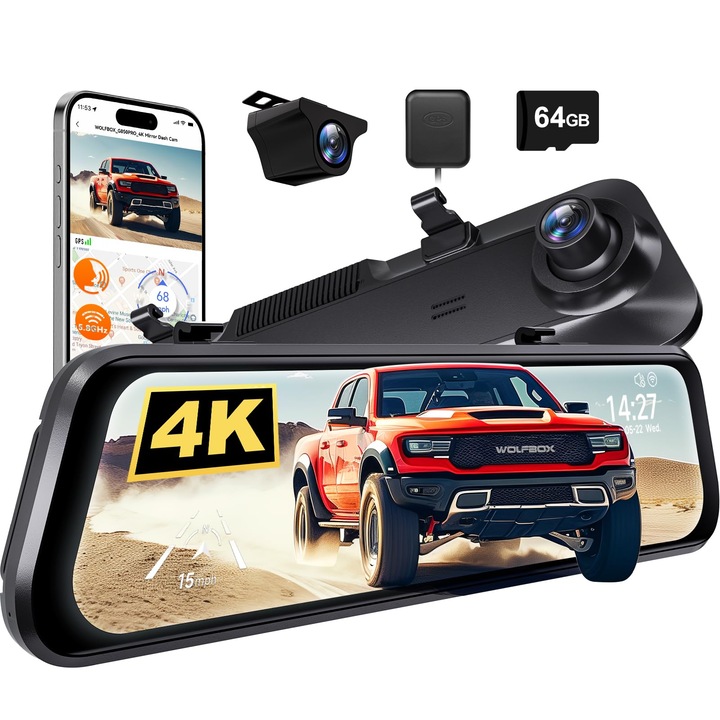 Wolfbox G850 Pro autós DVR kamera, tükör 5.8GHz Wifi-vel, hangvezérléssel, 12 hüvelyk, 64GB kártya, GPS, G-szenzor, hurokrögzítés