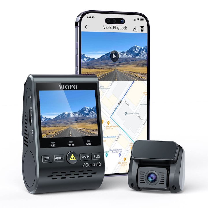 Viofo A129 Plus Duo autós kamera dupla Wifi WLAN-nal, GPS modul, 2K 1440P 60Fps + 1080P első/hátsó autós kamera, autós kamera alkalmazáson keresztüli felügyelettel, parkolási mód G-szenzorral, autós kamera vészhelyzeti felvétellel, szuperkondenzátor