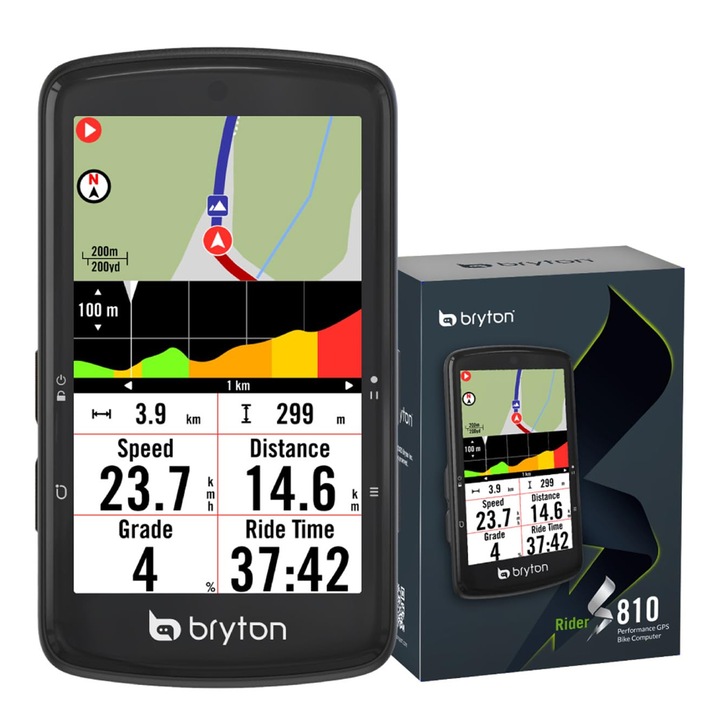 Bryton Rider S810 kerékpáros GPS komputer 3,5" színes érintőképernyővel, 2.5D üveggel, 50 órás akkumulátor-üzemidővel, offline Európa térképpel, lépésről lépésre navigációval, Ant+/Ble csatlakozással, Strava Live szegmensekkel
