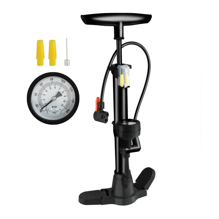 Kerékpár Pumpa - Álló Pumpa Nyomásmérővel 45 Cm - Fém-Vas Anyag - Magas Nyomás 160 Psi - Alkalmas Országúti Kerékpárokhoz, Elektromos Kerékpárokhoz, Hegyi Kerékpárokhoz És Sportcikkekhez (Fekete)