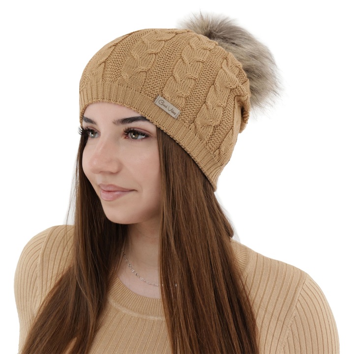 Caciula de iarna Bafi, lana merino, pompon, bej, marime universala 55-60