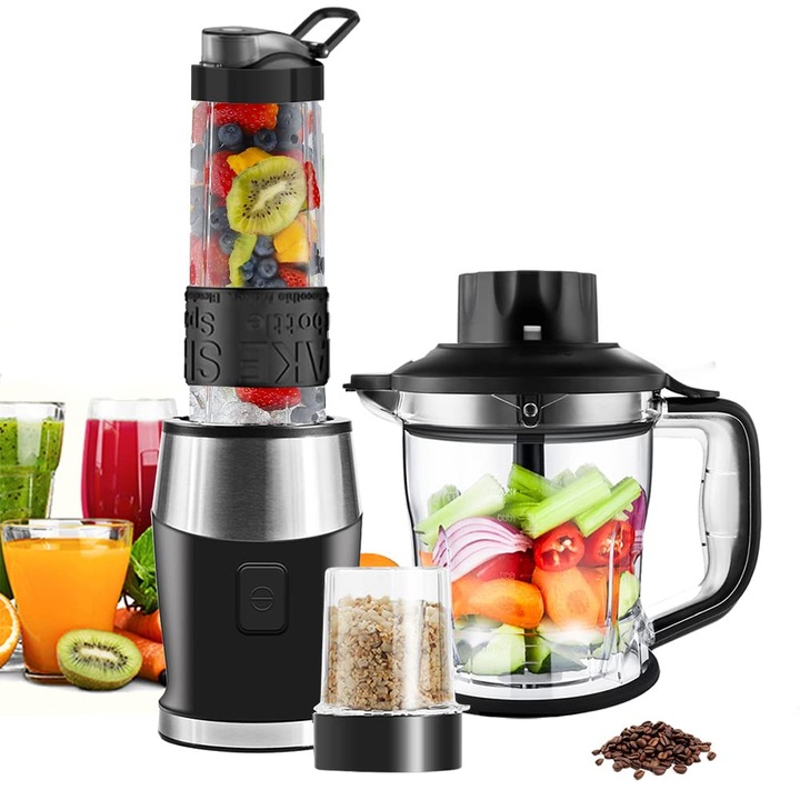Waworio Mixer Smoothie, Mixer Stand 700 W, Mixer Smoothie Multifunctional/Tocator De Carne/Concasor De Gheata/Rasnita De Cafea Cu Sticla Sport De 570 Ml, Tritan Fara Bpa