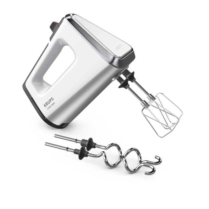 Krups 3Mix 9000 kézi mixer, 750 W, sebességszabályozás, turbó mód, pulzáló funkció, keverő, ergonomikus fogantyú, hosszú kábel, kézi mixer habverővel és tésztakampókkal, hófehér, Gn9101