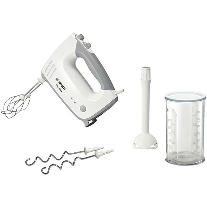 Bosch Ergomixx Mfq36440 Kézi Mixer, 2 Habverő, 2 Rozsdamentes Acél Dagaztókar, Turmix Feltét, Pohár, Mosogatógépben Mosható, 5 Sebesség Plusz Turbó Funkció, 450 W, Fehér