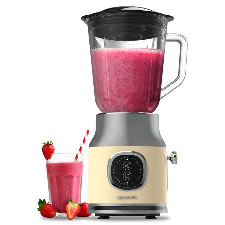 Mixer Vertical Cecotec Retro Twist Galben. Putere Maxima De 800 W, Functie Pulse, Cutit Cu 4 Lame Cu Invelis Din Titan Negru Si Cana De 1 Litru, Design Vintage In Galben