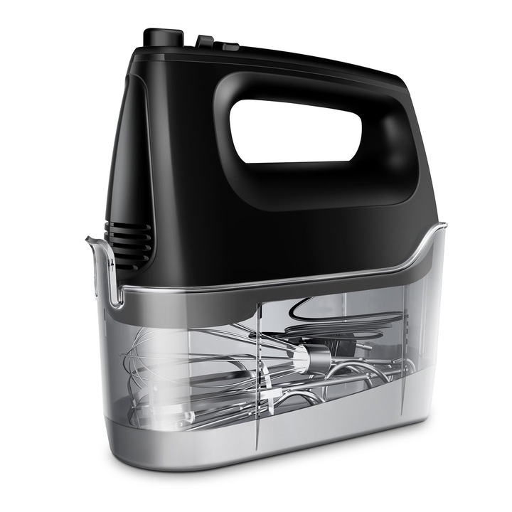 Kézi elektromos mixer 6 sebességgel plusz turbó funkcióval, fröccsenésmentes, tárolódoboz, 5 rozsdamentes acél tartozék, fekete, 400 W-os csendes motor
