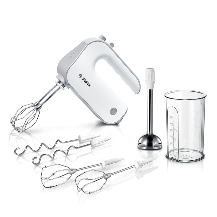 Bosch Styline Kézi Mixer Mfq4075De, 2 Habverő, 2 Rozsdamentes Acél Dagaztókar, Mosogatógépben Mosható, Merülőmixer, Keverőtál, 5 Sebesség Plusz Turbó Funkció, 550 W, Fehér/Ezüst