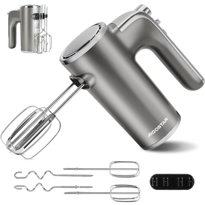 Név: Aigostar elektromos kézi mixer, 400 W-os ultraerős mixer tárolóállvánnyal, 5 sebességfokozat, turbó funkció, 2 habverő és 2 dagasztókar, tojáshoz, tésztához, süteményekhez. Adela