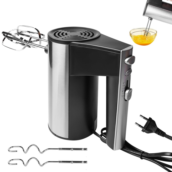 Kézi elektromos mixer Behogan, 450 W-os kézi elektromos mixer, konyhai mixer 4 rozsdamentes acél kiegészítővel, 5 sebességfokozat