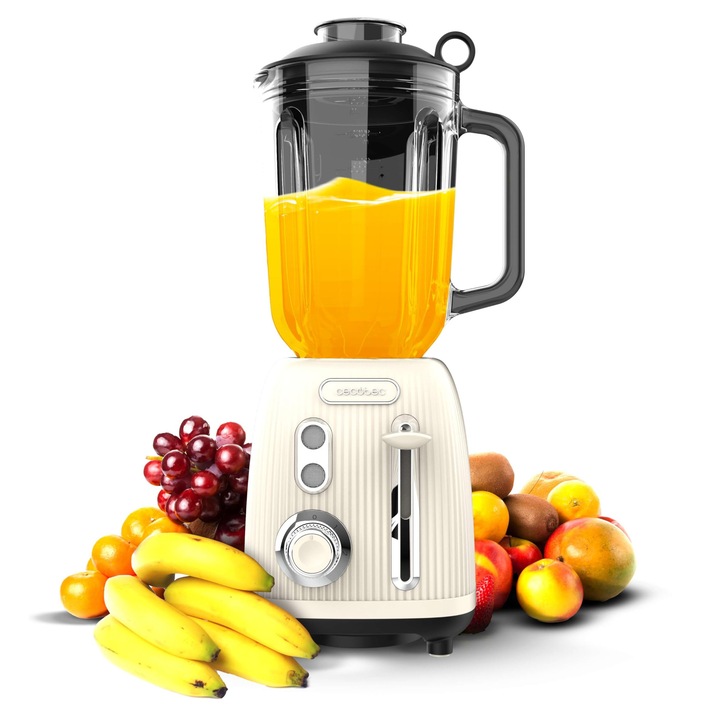 Függőleges mixer Cecotec Retro Power Black Titanium Retrobeige. Maximális teljesítmény 1200 W, 2 sebességfokozat, 4 pengés titán bevonatú fekete penge és 1,5 L-es pohár, vintage bézs design