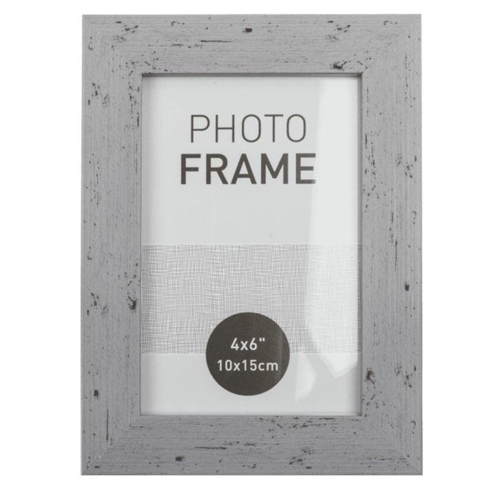 Rama foto lemn 10x15 cm, gri vintage, cu picior pentru birou si agatatoare pentru perete