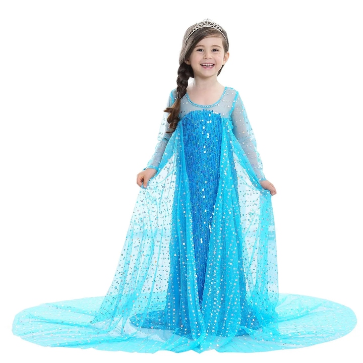 Rochie fete Elsa Frozen, rochie si pelerina cu paiete, 5-6 ani, Funny Party Shop®