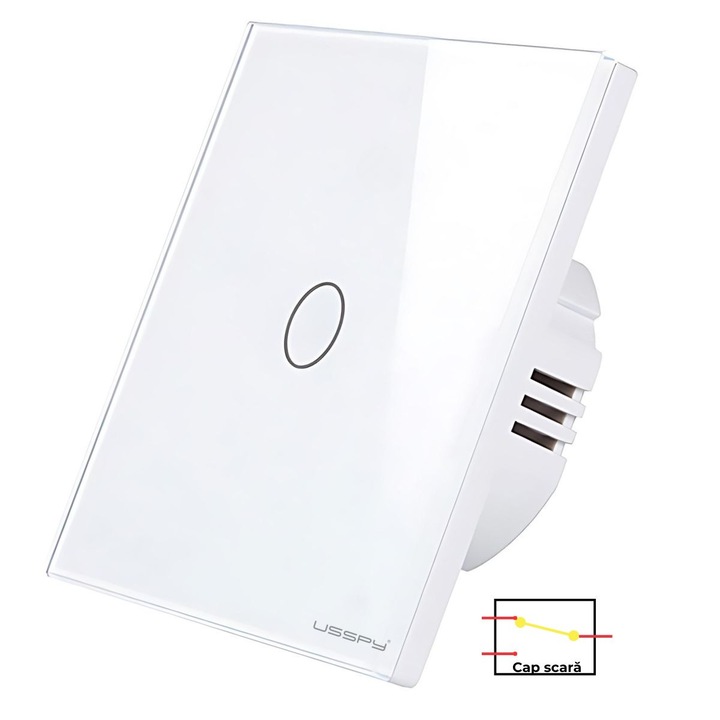 Intrerupator simplu touch USSPY, alb, sticla securizata, 1 canal, dimensiuni 86x86x35 mm