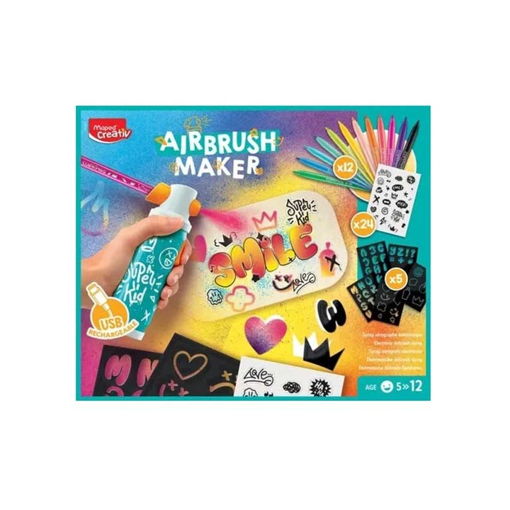 Set aerograf Maped, 12 markere 5 sabloane, multicolor