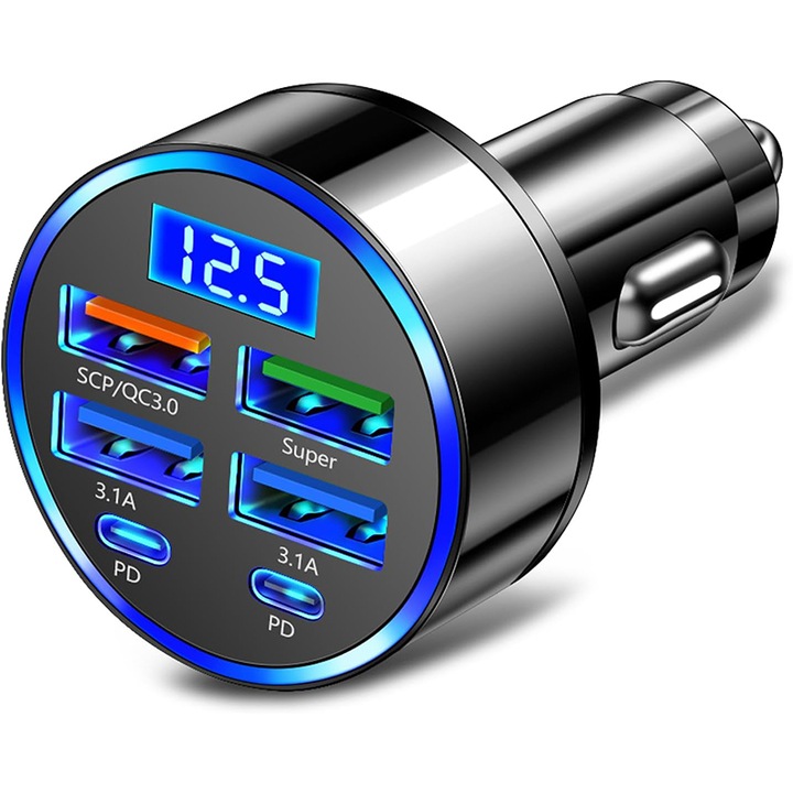 Incarcator auto rapid cu 6 porturi, Rqiurpn, monitor de tensiune, incarcator USB pentru bricheta auto