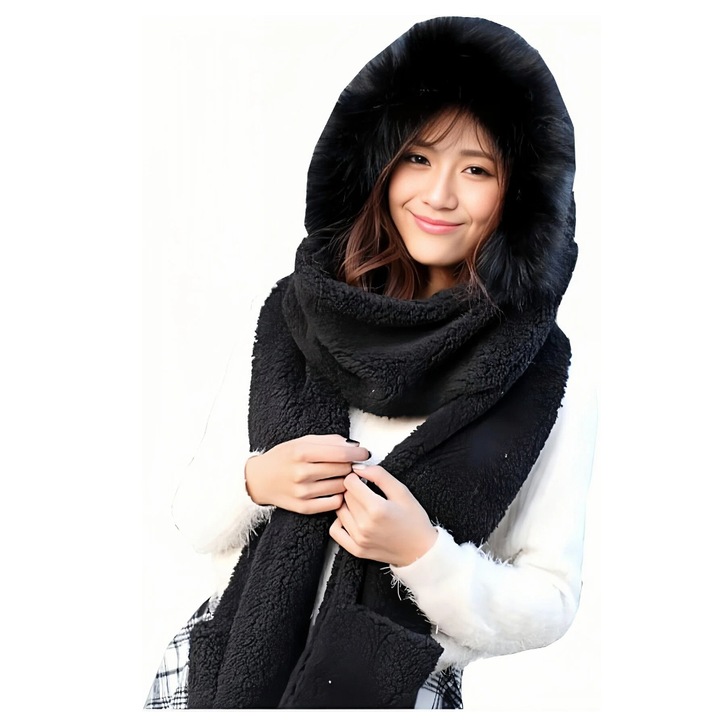 Kapucnis sál zsebekkel, BOMSTOM, Plüss, Fekete