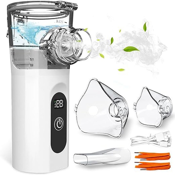 Aparat aerosoli, Omelivon, Nebulizator Ultrasonic, portabil, afisaj digital, 2 moduri de pulverizare, Ultra Silentios, Piesa pentru Gura, Reincarcabil, Masca Adulti si Copii, Alb