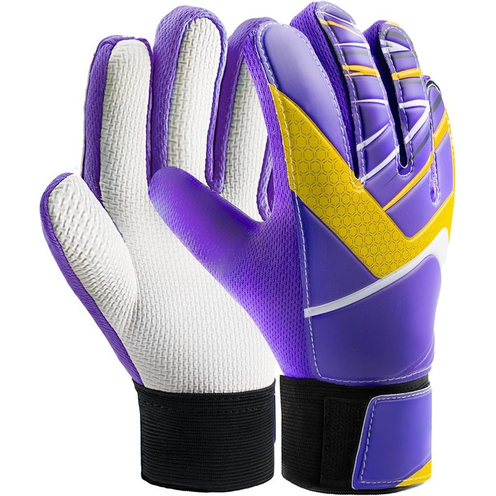 Футболни вратарски ръкавици за деца, размер 5, удебелен естествен латекс, дишащи, двуслойна защита на китката, устойчиви на износване и удебелени, противоплъзгащи, лилави