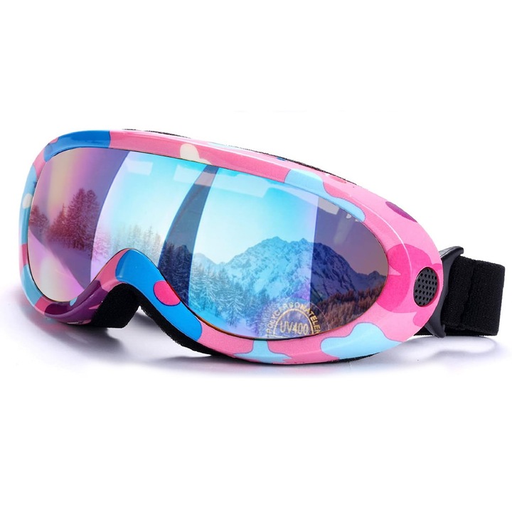 Очила за ски, UV400 защита/против замъгляване/ветроустойчиви, TPU/Поликарбонат, Унисекс, Ски, Бънджи скокове, Мъже, Жени, Тийнейджъри, Устойчиви на надраскване, Водоустойчиви на прах и вятър, Гъвкав дизайн, Перфектни за приключения с мотокрос, Розови