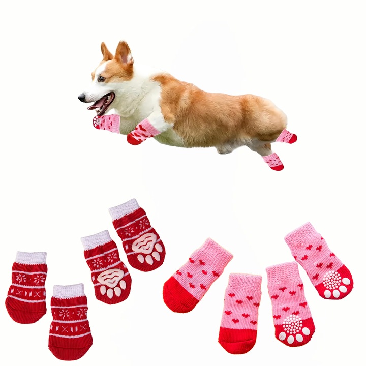 Set 8 sosete antiderapante pentru caini si pisici cu intaritura de cauciuc, BOMSTOM, pentru podele din lemn masiv, usor de purtat, rosu/roz