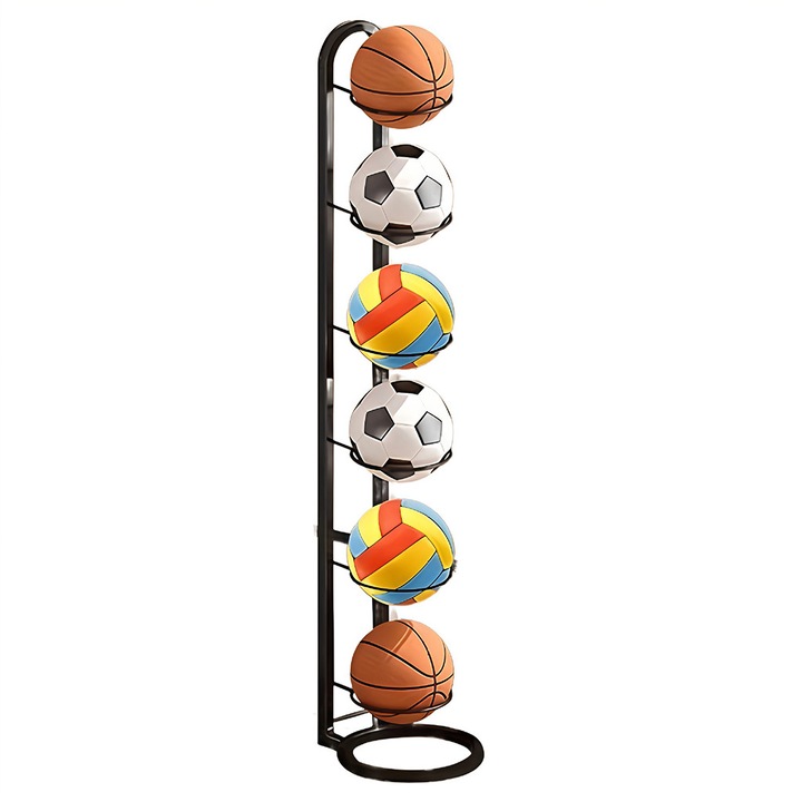 Suport metalic pentru 6 mingi, Organizator Vertical Sportiv Multistrat din Fier, Pentru Mingiile de Baschet, Fotbal, Volei Si Articole Sportive, Ideal pentru Sala de Sport, Graraj, Curte, Camera copilului, negru, 155x30cm
