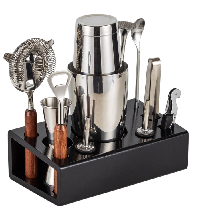 Arvada® ShakerPro hordozható koktélkészítő szett, Boston stílusú, rozsdamentes acél, különleges doboz, 12 bártartozék, otthoni vagy professzionális használatra, ideális ajándék, fekete