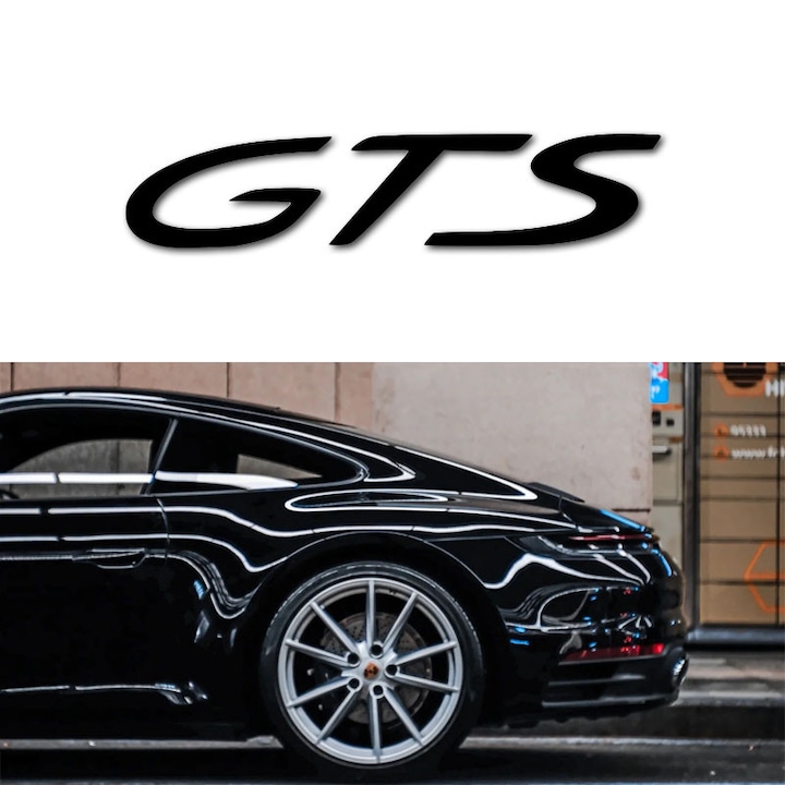 Embléma „GTS” Porsche-hoz – matt fekete – ABS, ~10, 5 × 2, 4 cm – csomagtartóra, sárvédőre, kompatibilis 911, Cayenne, Macan, Panamera, Taycan modellekkel, gyors 3M rögzítés, prémium esztétikai frissítés