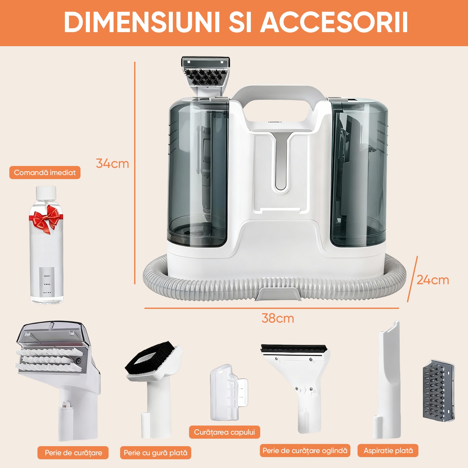 Aspirator Cu Spalare, Ultrixe, 3 In 1 Aspirator profesional cu Extractie, 450W, 12KPa, Rezervor Dublu 1.8L + 1L, Auto Clean, 6 Accesorii, Portabil, Pentru Auto, Canapea, Mocheta, Alb