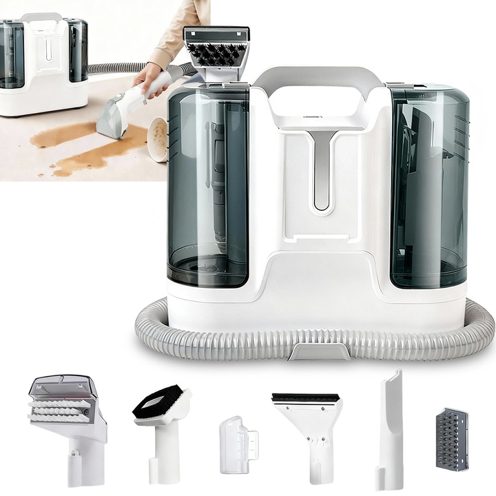 Aspirator Cu Spalare, Ultrixe, 3 In 1 Aspirator profesional cu Extractie, 450W, 12KPa, Rezervor Dublu 1.8L + 1L, Auto Clean, 6 Accesorii, Portabil, Pentru Auto, Canapea, Mocheta, Alb