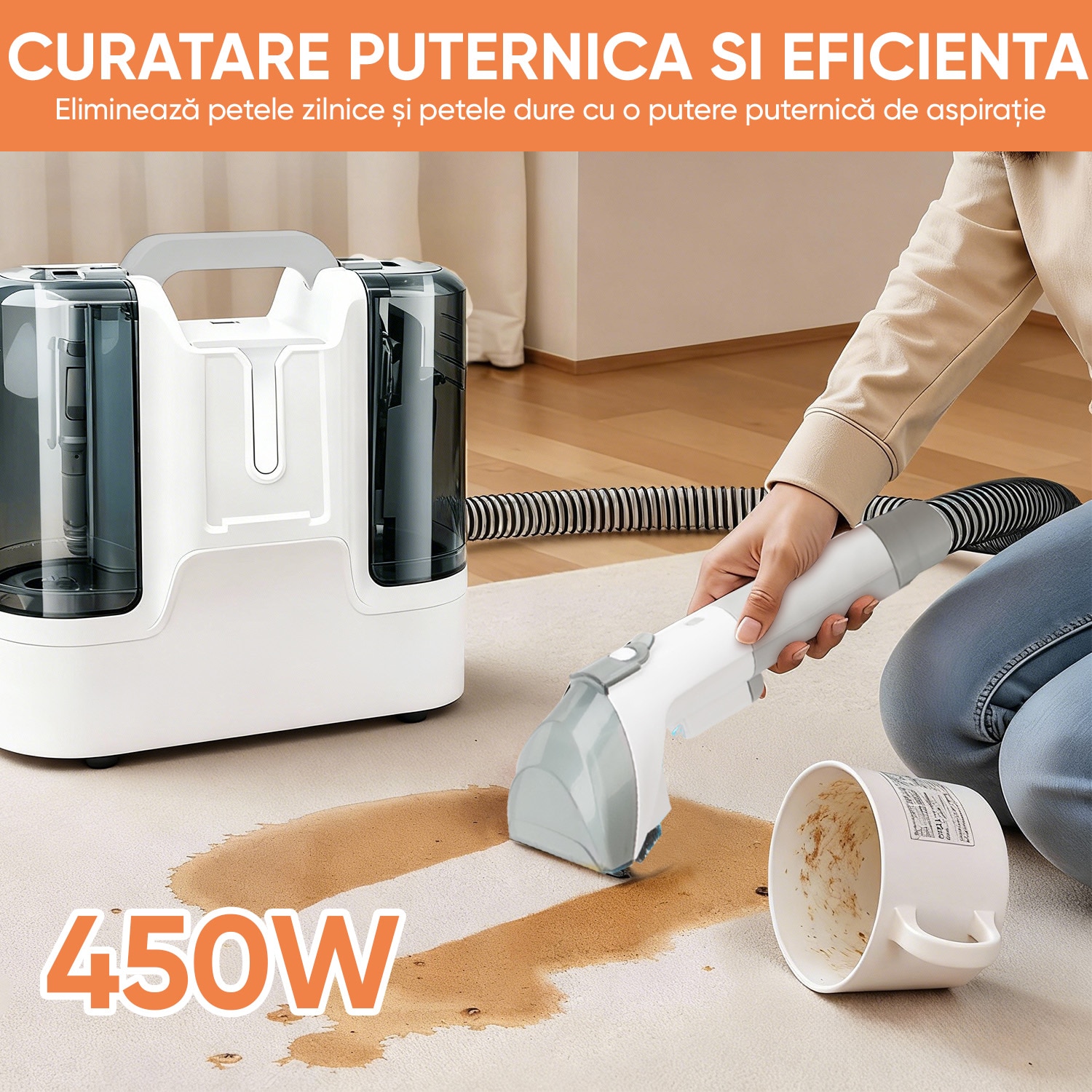 Aspirator Cu Spalare, Ultrixe, 3 In 1 Aspirator profesional cu Extractie, 450W, 12KPa, Rezervor Dublu 1.8L + 1L, Auto Clean, 6 Accesorii, Portabil, Pentru Auto, Canapea, Mocheta, Alb